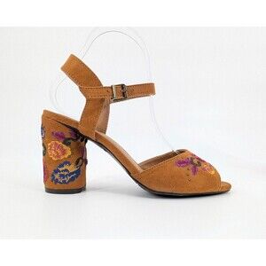 Womens High Heel Sandals 8.5 Brown‎ Floral Embroidery Boho Chic Statement Artsy